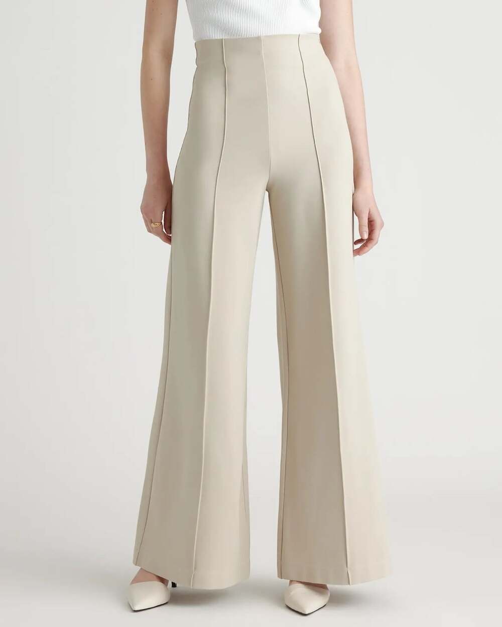 Quince Ultra-Stretch Ponte Super Wide Leg Pants Ecru Size Medium